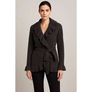 Lafayette 148 Wool Cashmere Angora Wrap Cardigan Sweater Gray Size Large